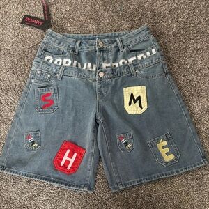ROMWE Blue Jean Shorts with Colorful Patches